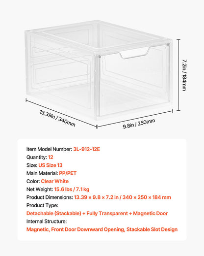Skoförvaringslådor, 12-pack genomskinliga stapelbara skokartonger med magnetisk dörr, passar upp till US-storlek 13, plastbehållare för sneakers för höga klackar, stövlar och hattar, transparent vit