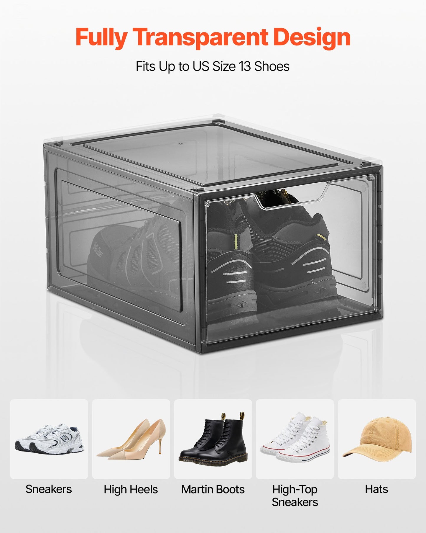 Shoe Storage Boxes, 6 Pack Clear Stackable Shoe Boxes Storage Organizers with Magnetic Door, Fit up to US Size 13, Plastic Sneaker Containers for High Heels, Boots, and Hats, Transparent Black