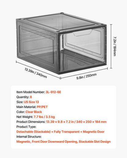 Shoe Storage Boxes, 6 Pack Clear Stackable Shoe Boxes Storage Organizers with Magnetic Door, Fit up to US Size 13, Plastic Sneaker Containers for High Heels, Boots, and Hats, Transparent Black