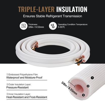 4876.8mm Mini Split Line Set, 6.4 & 12.7mm O.D Copper Pipes Tubing and Triple-Layer Insulation, for Air Conditioning or Heating Pump Equipment & HVAC with Rich Accessories (18ft Connection Cable