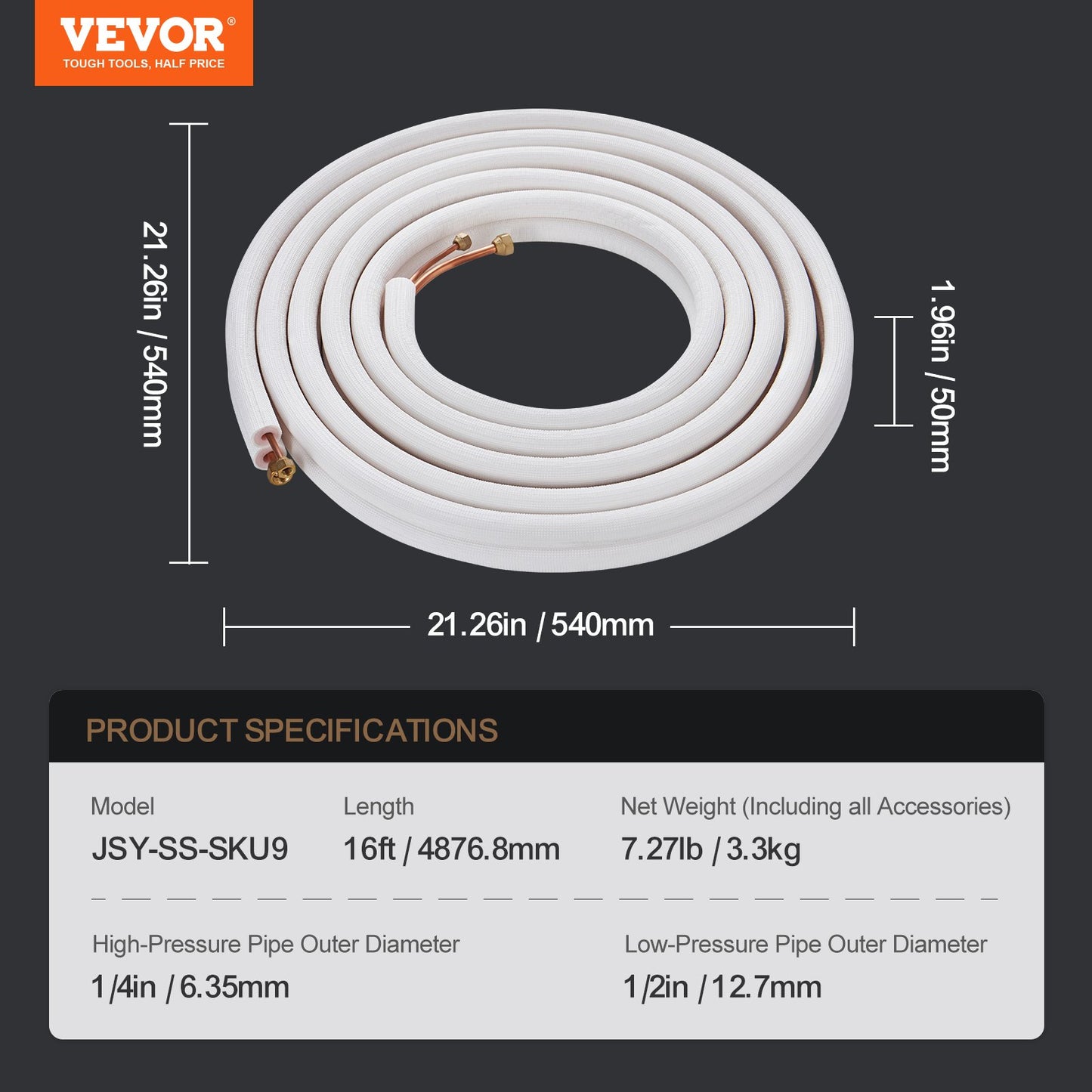 4876.8mm Mini Split Line Set, 6.4 & 12.7mm O.D Copper Pipes Tubing and Triple-Layer Insulation, for Air Conditioning or Heating Pump Equipment & HVAC with Rich Accessories (18ft Connection Cable