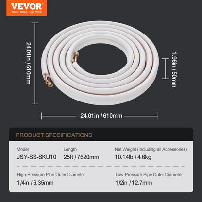 25FT Mini Split Line Set, 6.4 & 12.7mm O.D Copper Pipes Tubing and Triple-Layer Insulation, for Air Conditioning or Heating Pump Equipment & HVAC with Rich Accessories (27ft Connection Cable)