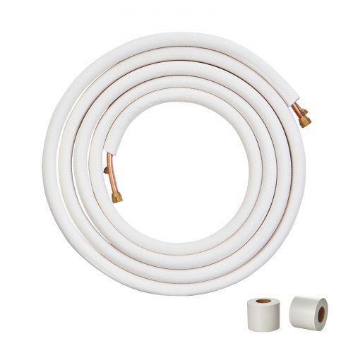 7620 mm mini-splitledningsset, kopparrör med 9,5 och 15,9 mm ytterdiameter och treskiktsisolering, för mini-split luftkonditionering, köldmedium eller värmepumpar och HVAC med lindningslister.