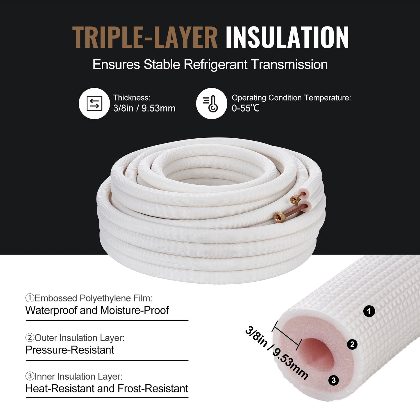 15240mm Mini Split Line Set, 6.4 & 9.5mm O.D Copper Pipes Tubing and Triple-Layer Insulation, for Mini Split Air Conditioning Refrigerant or Heating Pump Equipment & HVAC with Wrapping Strips.
