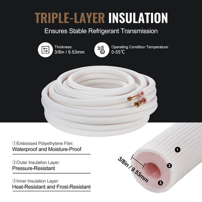 15240mm Mini Split Line Set, 6.4 & 12.7mm O.D Copper Pipes Tubing and Triple-Layer Insulation, for Mini Split Air Conditioning Refrigerant or Heating Pump Equipment & HVAC with Wrapping Strips.