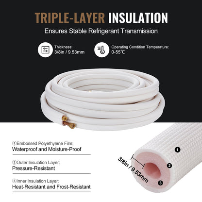 15240mm Mini Split Line Set, 9.5 & 15.9mm O.D Copper Pipes Tubing and Triple-Layer Insulation, for Mini Split Air Conditioning Refrigerant or Heating Pump Equipment & HVAC with Wrapping Strips.