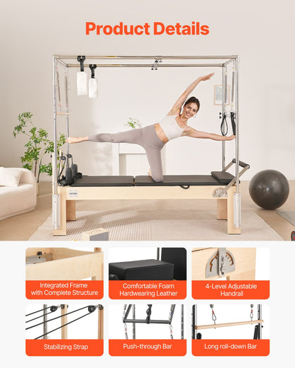 Pilates Reformer, Pilatesmaskin i trä för hemmagym, styrketräningsutrustning med dubbelt motstånd, Reformer Box, hoppbräda, för avancerade användare och nybörjare, upp till 180 kg