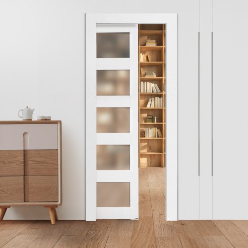 Skjutdörr i fickformat, 765 x 2035 mm, 5-liters enkel skjutdörr i frostat glas med beslag, robusta fickdörrar i massivt trä och MDF med vattentät yta för sovrum, kök, arbetsrum