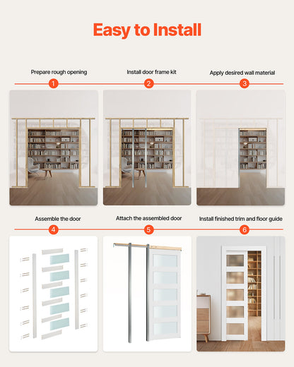Skjutdörr i fickformat, 765 x 2035 mm, 5-liters enkel skjutdörr i frostat glas med beslag, robusta fickdörrar i massivt trä och MDF med vattentät yta för sovrum, kök, arbetsrum