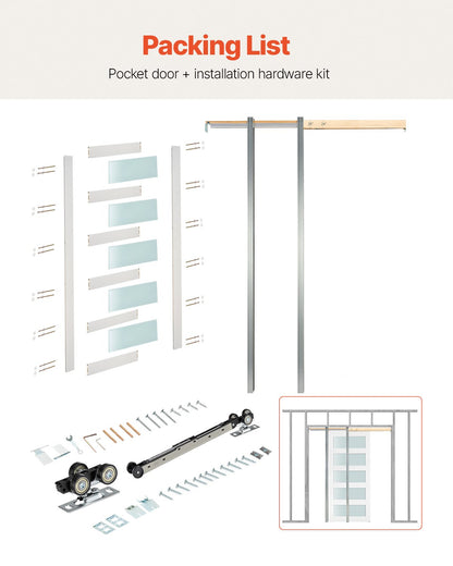 Sliding Pocket Door, 915 x 2035 mm, 5-Lite Frosted Glass Single Sliding Door with Hardware Kit, Sturdy Solid Wood & MDF Pocket Doors Slab with Waterproof Surface for Bedroom Kitchen Study Room