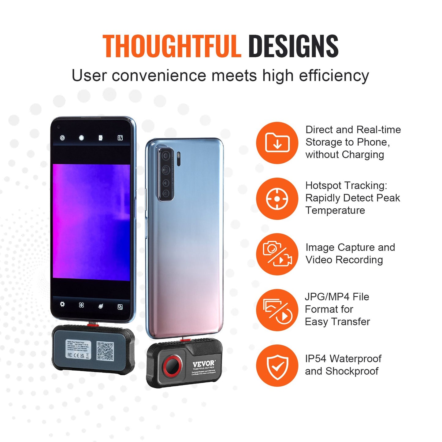 Värmekamera för Android, 256 x 192 IR-upplösning infraröd värmekamera med visuell kamera, 25Hz uppdateringsfrekvens värmekamera för smartphone/surfplatta, temperaturområde -4-1022°F, IP54