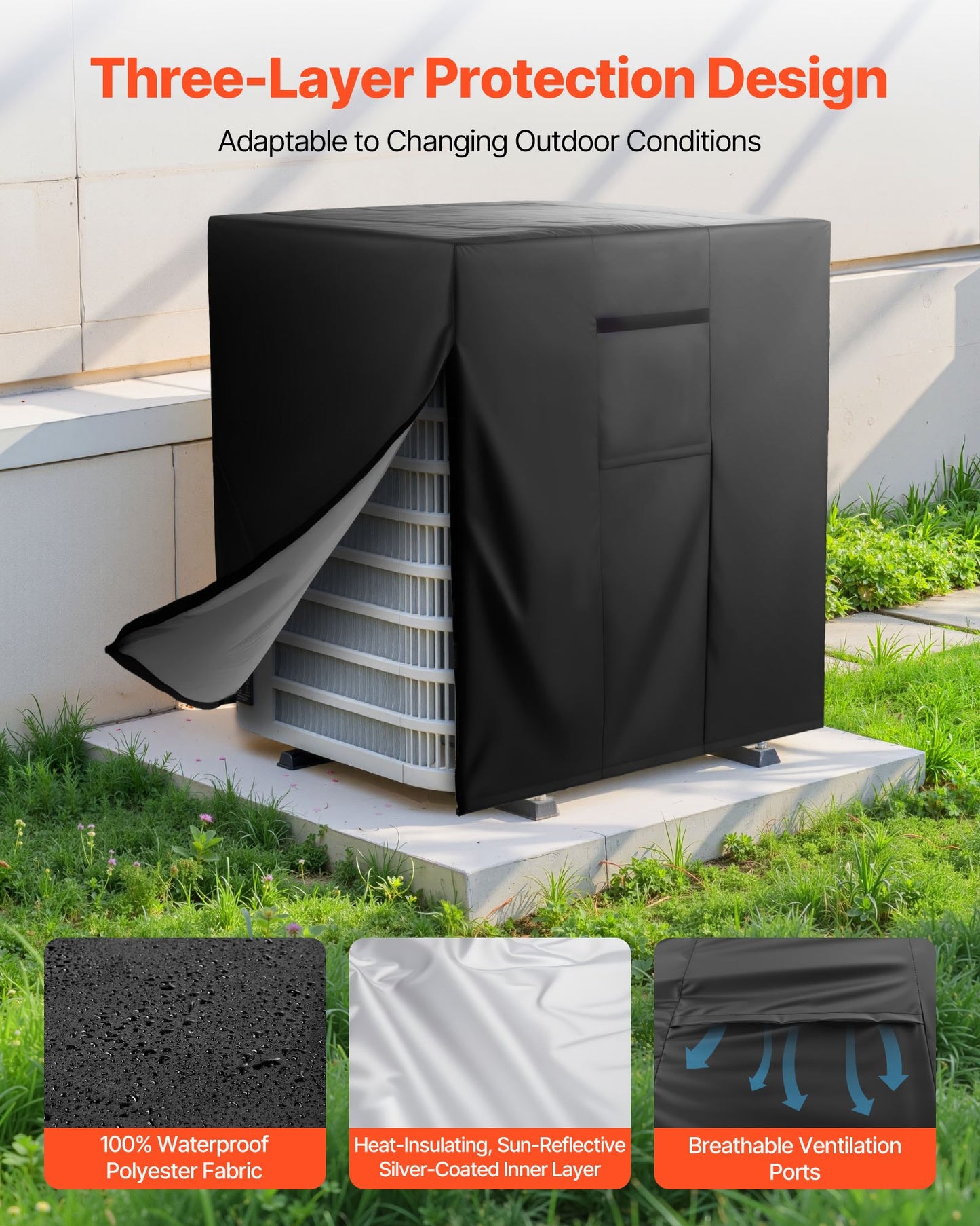 Luftkonditioneringsskydd, 812 x 812 x 914 mm AC-skydd för luftkonditioneringsenhet, trelagers, vattentätt polyestertyg, nätventilation, universalskydd för utomhus- och utomhus-AC-enhet, svart