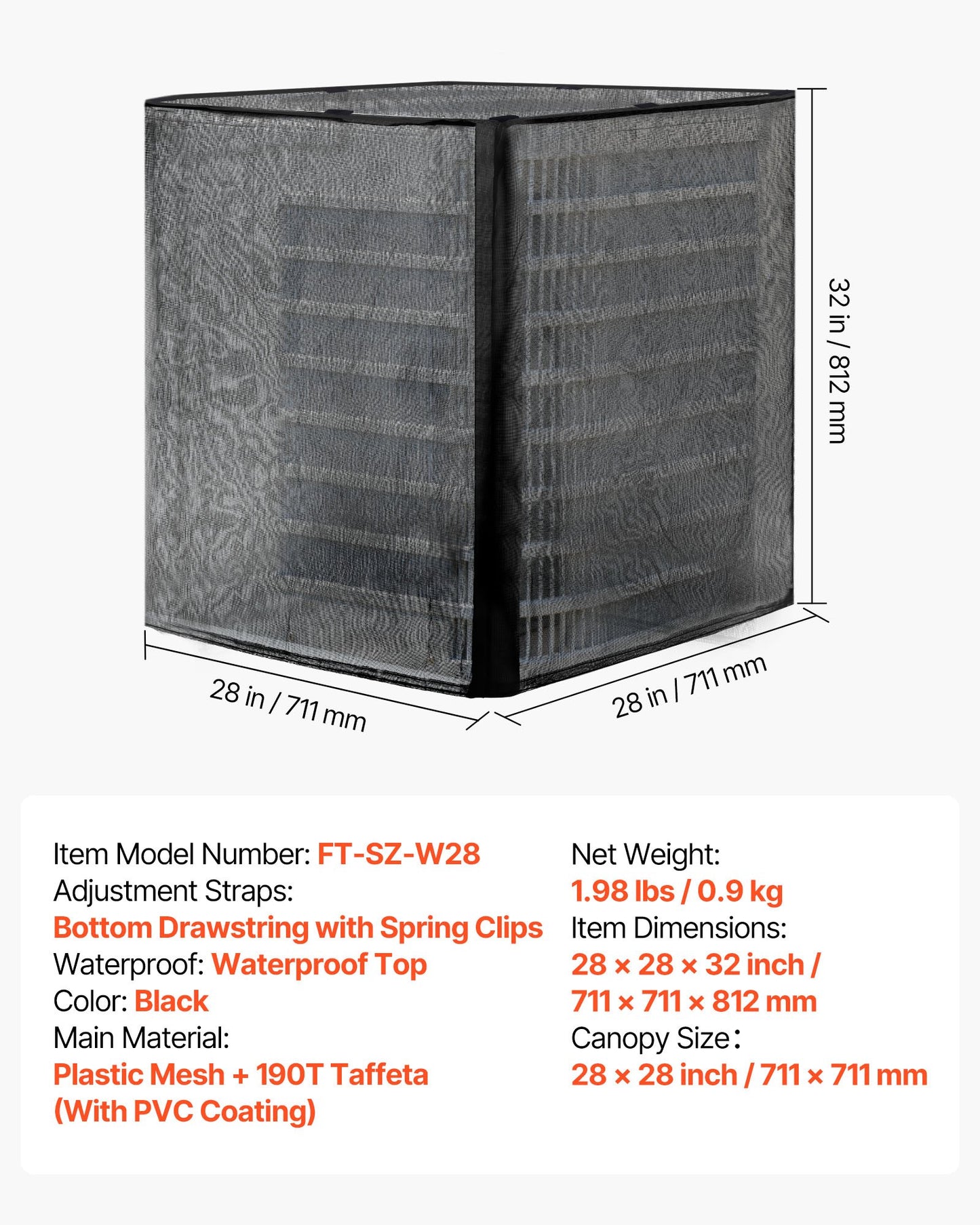 Luftkonditioneringsskydd, 711 x 711 x 812 mm AC-skydd för luftkonditioneringsenhet, dubbelt lager, avtagbart skydd, vattentät polyester, universellt HVAC-skydd för utomhus- och utomhus-AC-enhet, svart