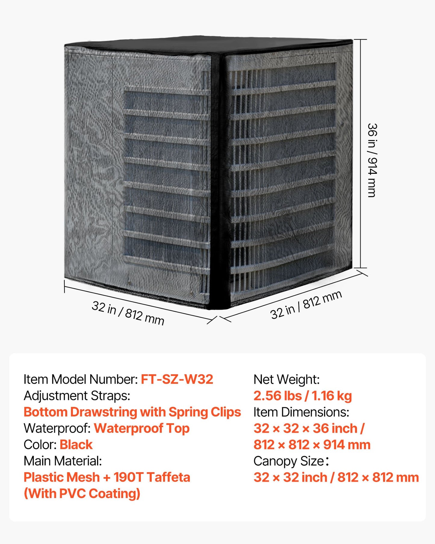 Luftkonditioneringsskydd, 812 x 812 x 914 mm AC-skydd för luftkonditioneringsenhet, dubbelt lager, avtagbart skydd, vattentät polyester, universellt HVAC-skydd för utomhus- och utomhus-AC-enhet, svart