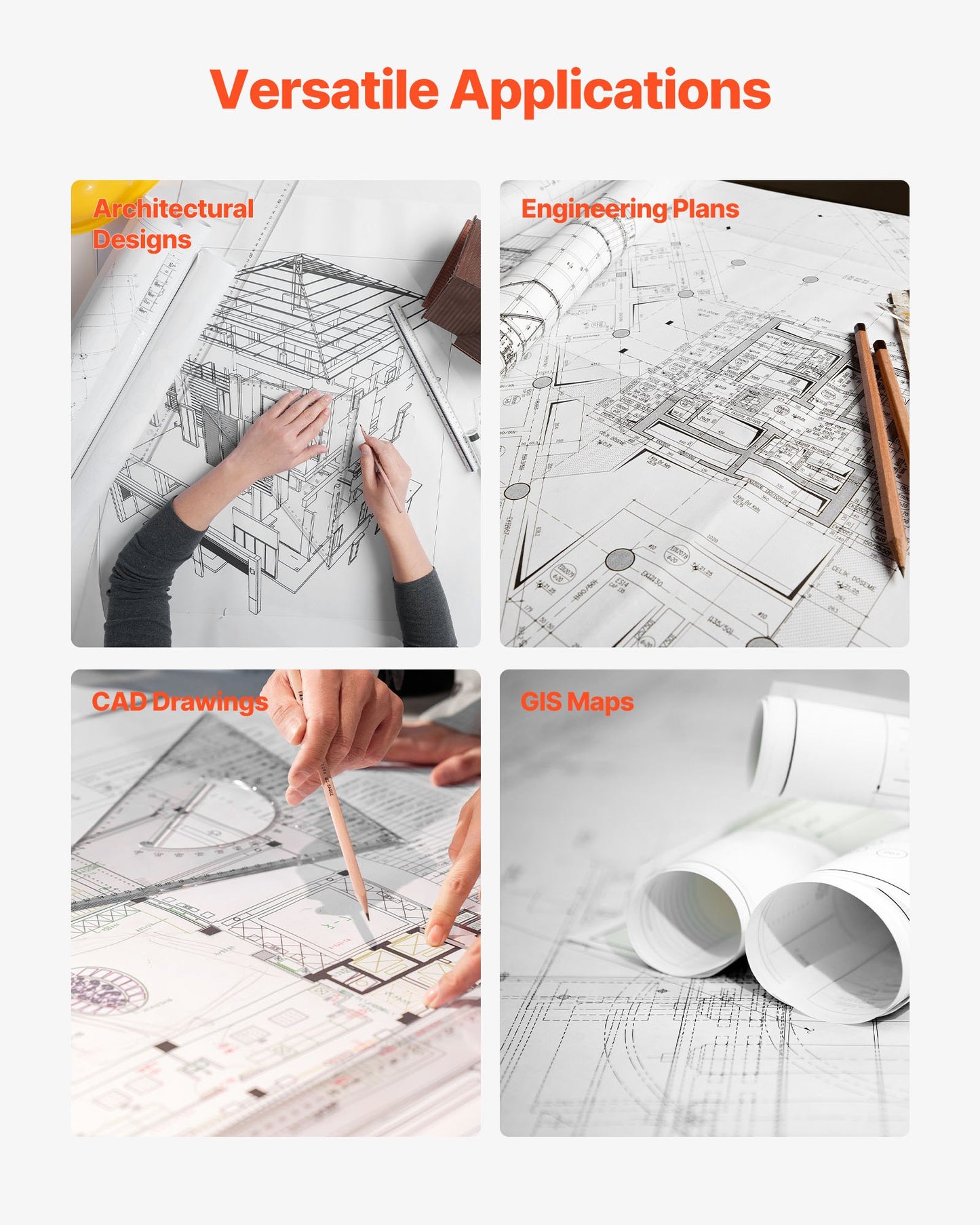 Bredformatspapper, plotterrulle 609,6 mm x 45,7 m, 2 rullar CAD-pappersrullar med 50,8 mm kärna, 80 GSM plotterrullar, för CAD-ritningar, tekniska planer, GIS-kartor och arkitektoniska designer
