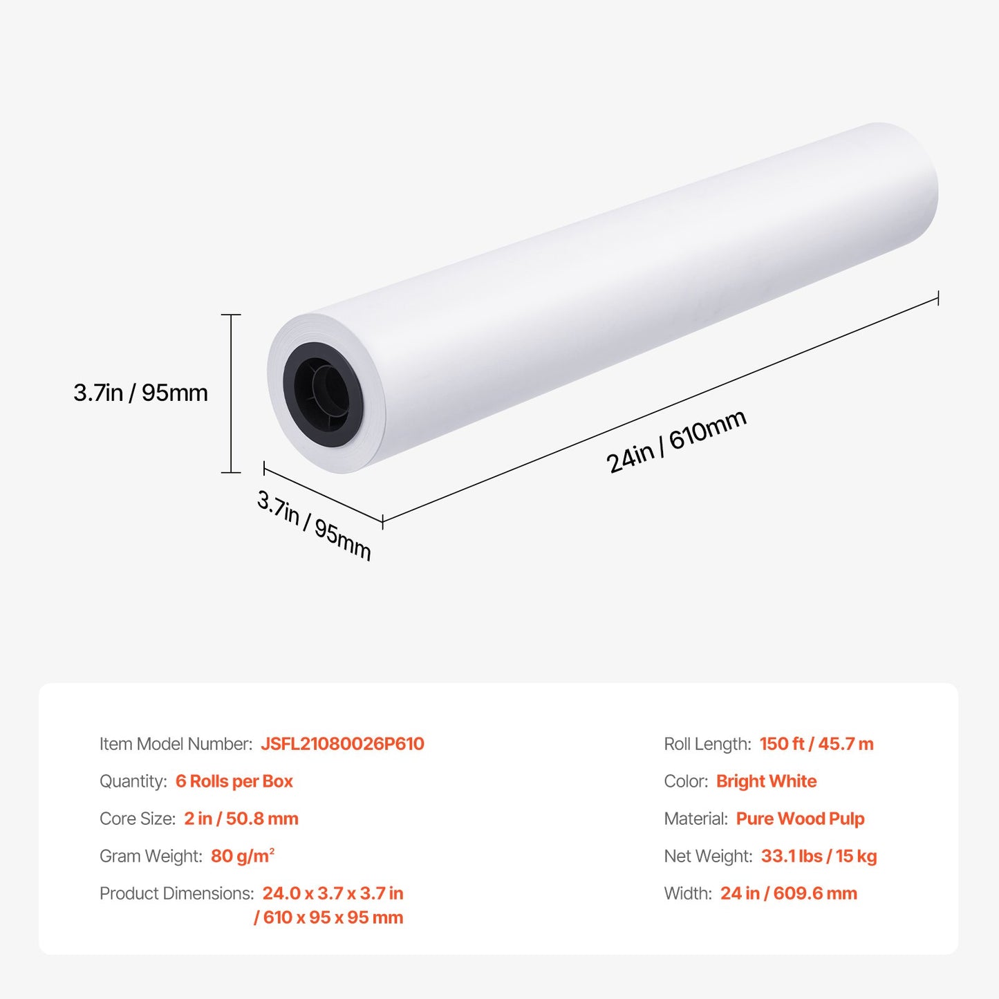 Wide Format Paper, 24 in x 150 ft Plotter Paper, 6 Rolls CAD Bond Rolls with 2 in Core, 20 LB Bond Paper Rolls, Idea for CAD Drawings, Engineering Plans, GIS Maps & Architectural Designs