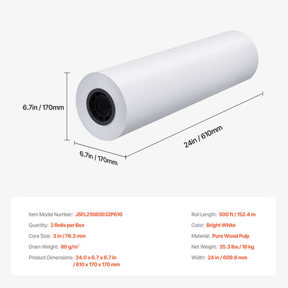 Wide Format Paper, 61 cm x 152.4 m Plotter Paper, 2 Rolls CAD Bond Rolls with 7.62 cm Core, 75 g/m² Bond Paper Rolls, Idea for CAD Drawings, Engineering Plans, GIS Maps & Architectural Designs