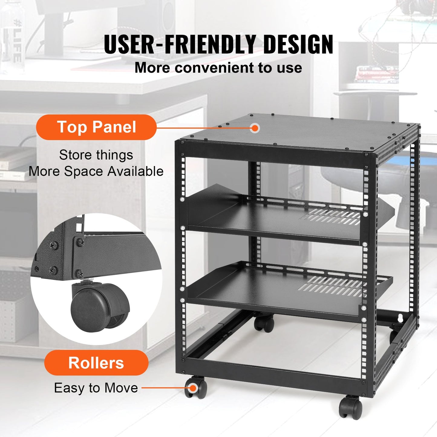 12U Open Frame Server Rack, 58.5-101.6cm Adjustable Depth, Free Standing or Wall Mount Network Server Rack, 4 Post AV Rack with Casters, Holds All Your Networking IT Equipment AV Gear Router Modem