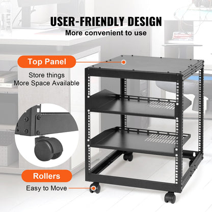 12U Open Frame Server Rack, 58.5-101.6cm Adjustable Depth, Free Standing or Wall Mount Network Server Rack, 4 Post AV Rack with Casters, Holds All Your Networking IT Equipment AV Gear Router Modem