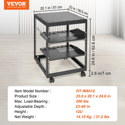 12U Open Frame Server Rack, 58.5-101.6cm Adjustable Depth, Free Standing or Wall Mount Network Server Rack, 4 Post AV Rack with Casters, Holds All Your Networking IT Equipment AV Gear Router Modem