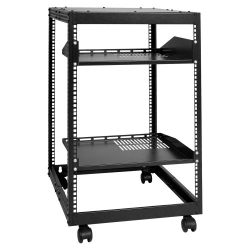 15U Open Frame Server Rack, 58.5-101.6cm/23-40 in Adjustable Depth, Free Standing or Wall Mount Network Server Rack, 4 Post AV Rack with Casters, Holds All Your Networking IT Equipment AV Gear Router Modem