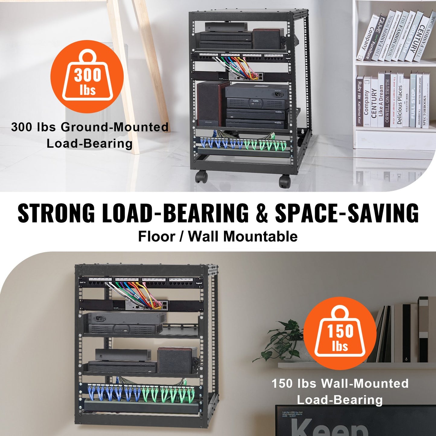 15U Open Frame Server Rack, 58.5-101.6cm/23-40 in Adjustable Depth, Free Standing or Wall Mount Network Server Rack, 4 Post AV Rack with Casters, Holds All Your Networking IT Equipment AV Gear Router Modem