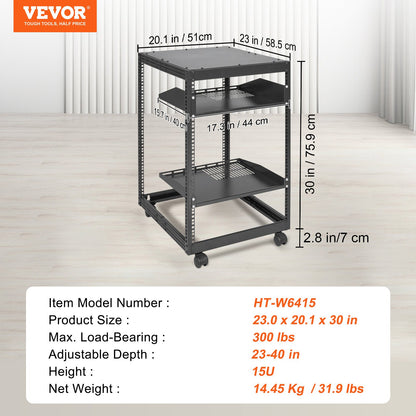 15U Open Frame Server Rack, 58.5-101.6cm/23-40 in Adjustable Depth, Free Standing or Wall Mount Network Server Rack, 4 Post AV Rack with Casters, Holds All Your Networking IT Equipment AV Gear Router Modem