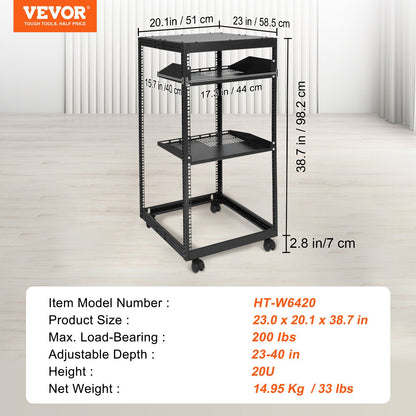 20U Open Frame Server Rack, 58.5-101.6cm/223-40 in Adjustable Depth, Free Standing or Wall Mount Network Server Rack, 4 Post AV Rack with Casters, Holds All Your Networking IT Equipment AV Gear Router Modem