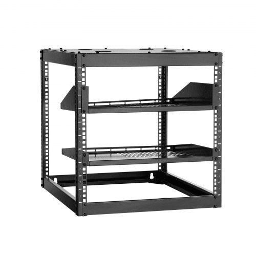 10U nätverksrack med öppet ramverk, 585 mm djup, väggmonterat eller golvstående serverrack, kraftigt 4-pelare, med ventilerade hyllor och monteringsdetaljer, rymmer all din nätverks-IT-utrustning och AV-utrustning