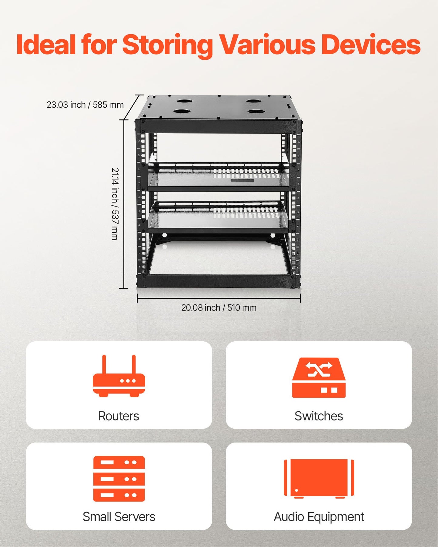 10U nätverksrack med öppet ramverk, 585 mm djup, väggmonterat eller golvstående serverrack, kraftigt 4-pelare, med ventilerade hyllor och monteringsdetaljer, rymmer all din nätverks-IT-utrustning och AV-utrustning