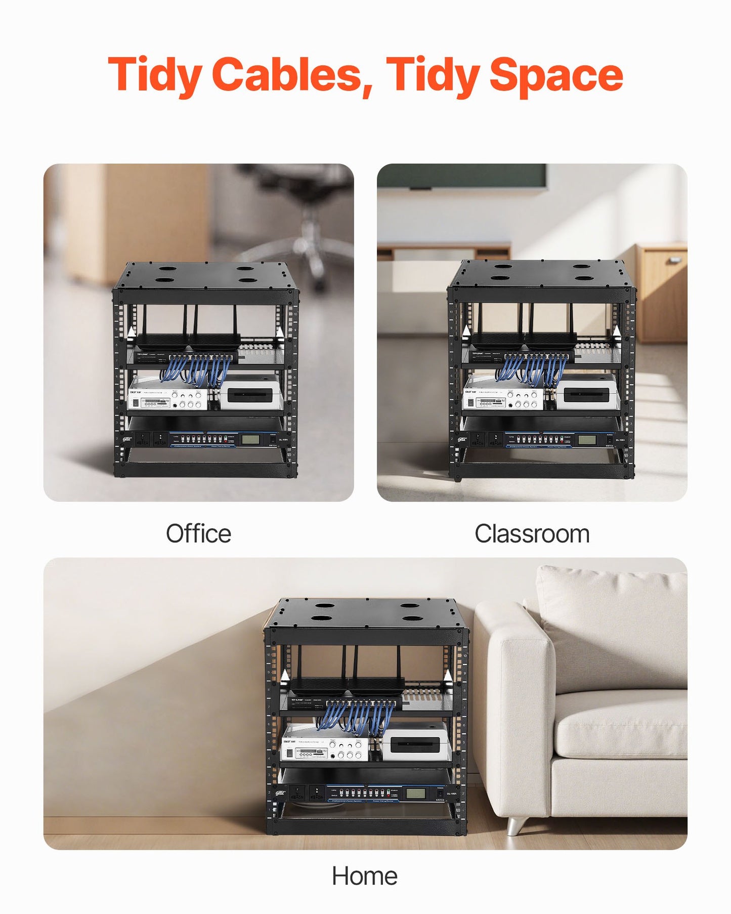 10U nätverksrack med öppet ramverk, 585 mm djup, väggmonterat eller golvstående serverrack, kraftigt 4-pelare, med ventilerade hyllor och monteringsdetaljer, rymmer all din nätverks-IT-utrustning och AV-utrustning