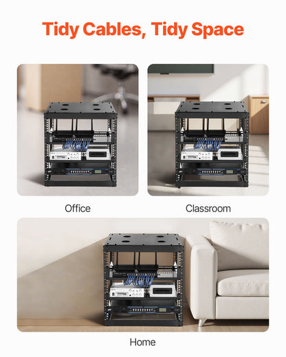 10U nätverksrack med öppet ramverk, 585 mm djup, väggmonterat eller golvstående serverrack, kraftigt 4-pelare, med ventilerade hyllor och monteringsdetaljer, rymmer all din nätverks-IT-utrustning och AV-utrustning