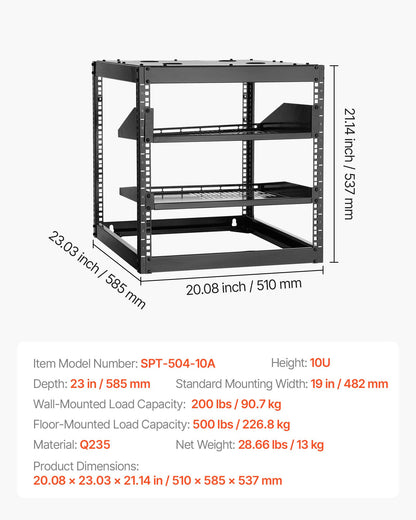 10U nätverksrack med öppet ramverk, 585 mm djup, väggmonterat eller golvstående serverrack, kraftigt 4-pelare, med ventilerade hyllor och monteringsdetaljer, rymmer all din nätverks-IT-utrustning och AV-utrustning