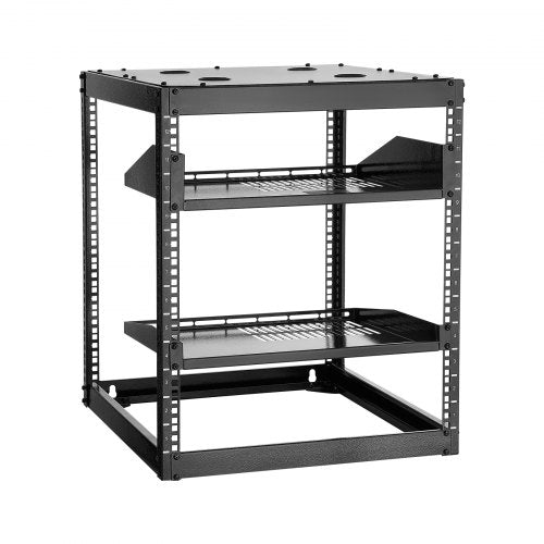 12U Open Frame Network Rack, 585 mm Depth, Wall Mounted or Floor Standing Server Rack, Heavy Duty 4 Post, with Vented Shelves & Mounting Hardware, Holds All Your Networking IT Equipment AV Gear