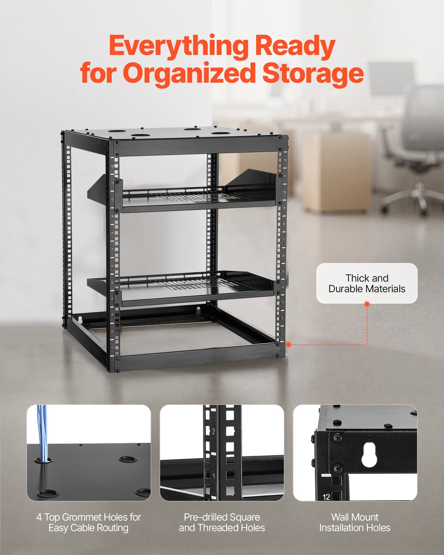 12U Open Frame Network Rack, 585 mm Depth, Wall Mounted or Floor Standing Server Rack, Heavy Duty 4 Post, with Vented Shelves & Mounting Hardware, Holds All Your Networking IT Equipment AV Gear