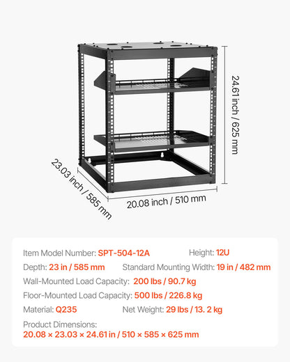 12U Open Frame Network Rack, 585 mm Depth, Wall Mounted or Floor Standing Server Rack, Heavy Duty 4 Post, with Vented Shelves & Mounting Hardware, Holds All Your Networking IT Equipment AV Gear