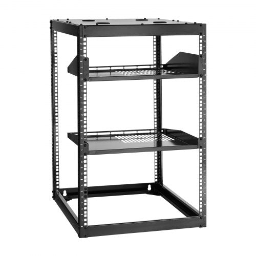 16U Open Frame Network Rack, 585 mm Depth, Wall Mounted or Floor Standing Server Rack, Heavy Duty 4 Post, with Vented Shelves & Mounting Hardware, Holds All Your Networking IT Equipment AV Gear