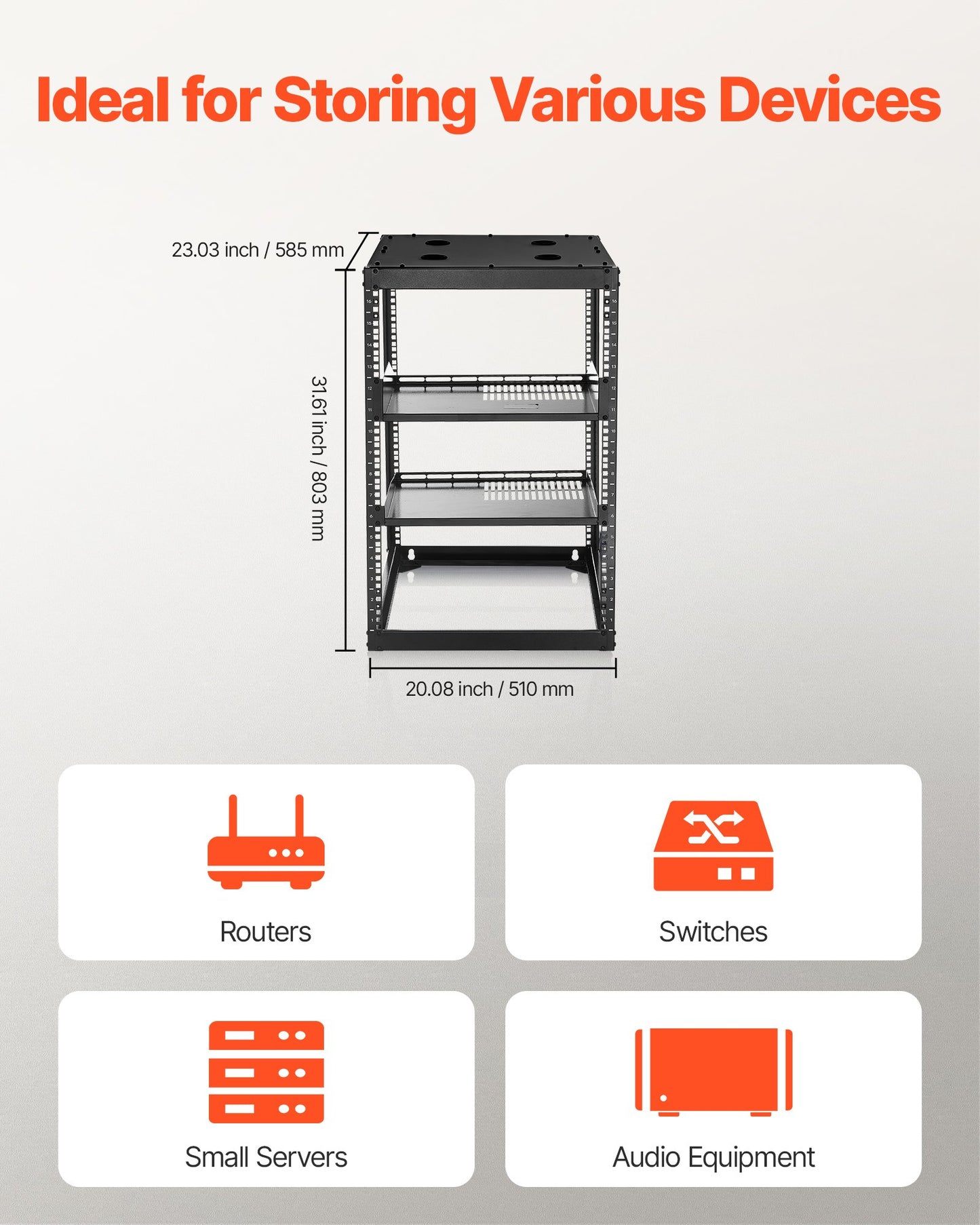 16U Open Frame Network Rack, 585 mm Depth, Wall Mounted or Floor Standing Server Rack, Heavy Duty 4 Post, with Vented Shelves & Mounting Hardware, Holds All Your Networking IT Equipment AV Gear