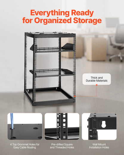 16U Open Frame Network Rack, 585 mm Depth, Wall Mounted or Floor Standing Server Rack, Heavy Duty 4 Post, with Vented Shelves & Mounting Hardware, Holds All Your Networking IT Equipment AV Gear