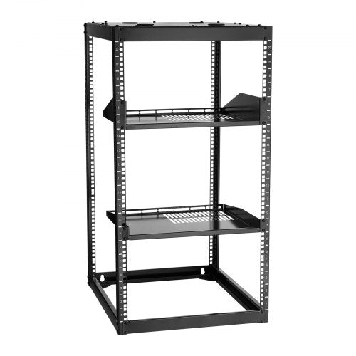 20U Open Frame Network Rack, 585 mm Depth, Wall Mounted or Floor Standing Server Rack, Heavy Duty 4 Post, with Vented Shelves & Mounting Hardware, Holds All Your Networking IT Equipment AV Gear