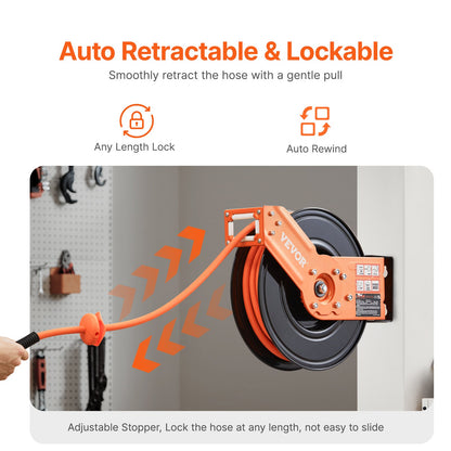 Indragbar luftslangvinda, 3/8IN x 50FT hybridluftslang max 300PSI, automatisk återupprullning av luftkompressorslangvinda med 5FT genomföring, tak-/väggmonterad kraftig enkelarmsvinda och 180° vridbart fäste