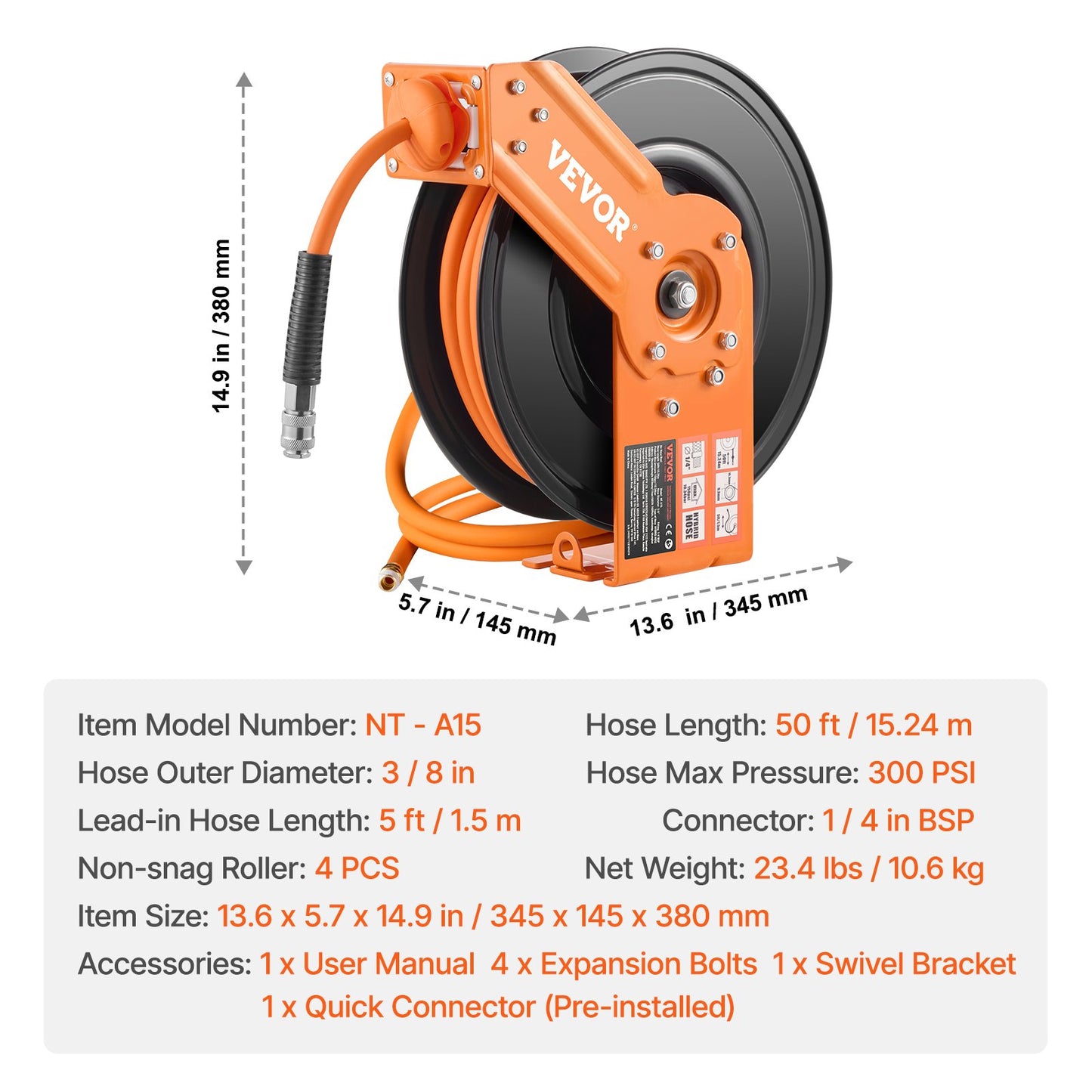 Indragbar luftslangvinda, 3/8IN x 50FT hybridluftslang max 300PSI, automatisk återupprullning av luftkompressorslangvinda med 5FT genomföring, tak-/väggmonterad kraftig enkelarmsvinda och 180° vridbart fäste