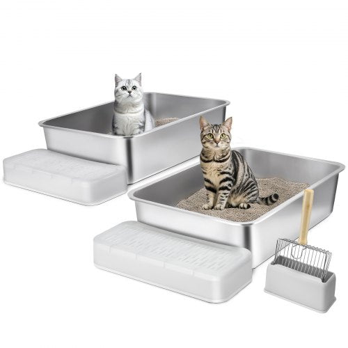 Cat Litter Box, 6 inches Deep, XL Extra Large Stainless Steel Cat Litter Box with Scoop, Wide Filtering Foot Board & High Sides, Enclosed Odor-Free Easy-to-Clean Litter Box, Fit for Big Cats