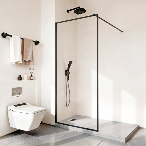 Fixed Glass Shower Panel, 864 x 1870 mm Full-Framed Fixed Shower Screen, 8 mm Thick Clear Tempered Glass Door with Bottom Seal Strip and Hardware, Easy to Clean, for Bathroom, Matte Black