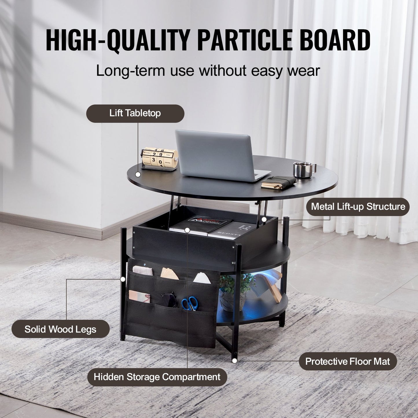 Lift Top Coffee Table, 35.3 in Round Coffee Table with Extra Storage Pockets, Pop Up Coffee Table for Living Room, Black