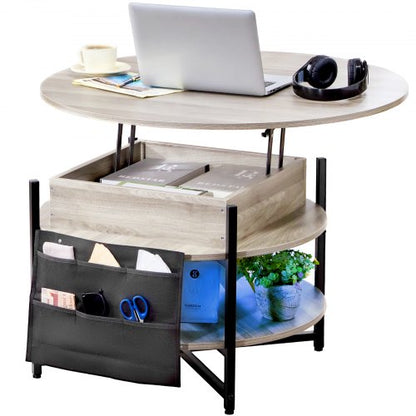 Lyftbart soffbord, 35,3 tum runt soffbord med extra förvaringsfickor, uppfällbart soffbord för vardagsrum, vitt