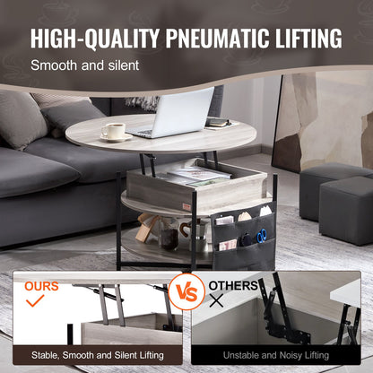 Lyftbart soffbord, 35,3 tum runt soffbord med extra förvaringsfickor, uppfällbart soffbord för vardagsrum, vitt