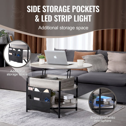 Lyftbart soffbord, 35,3 tum runt soffbord med extra förvaringsfickor, uppfällbart soffbord för vardagsrum, vitt