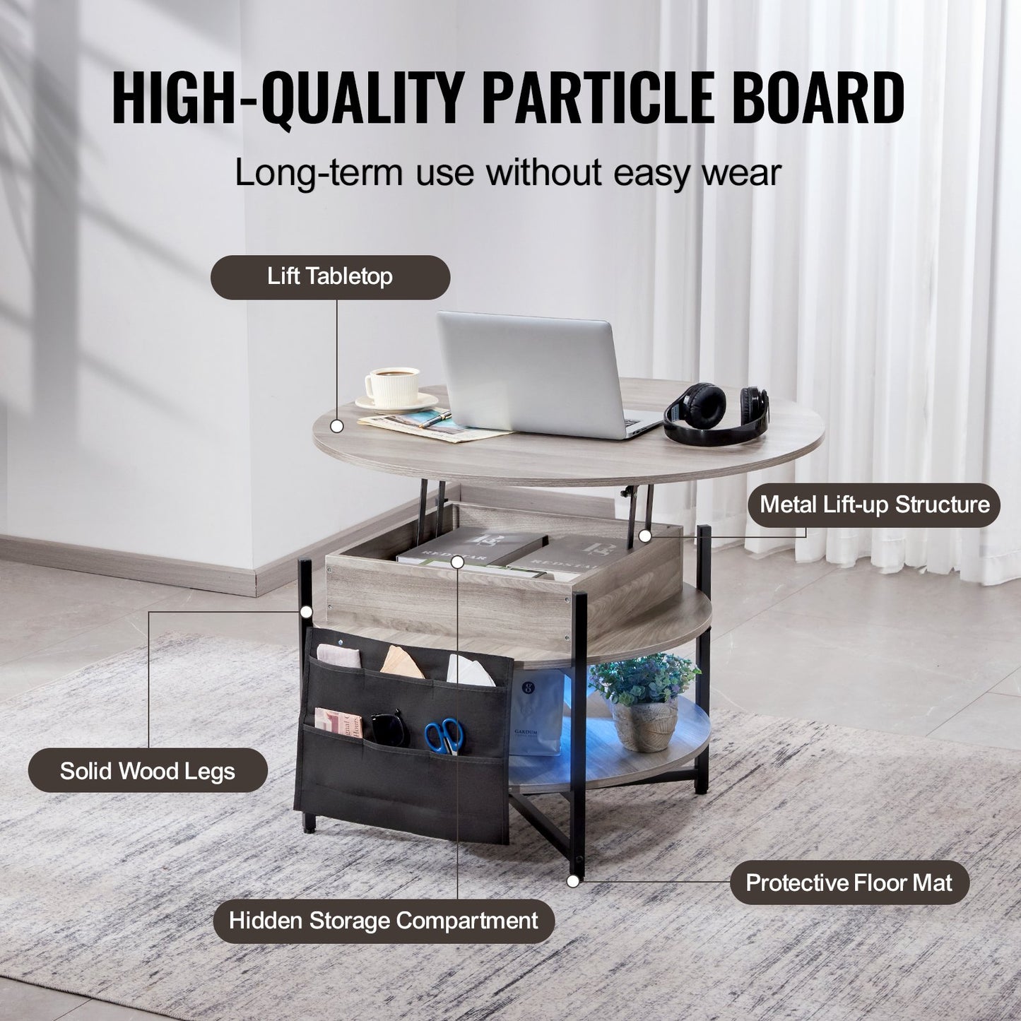 Lyftbart soffbord, 35,3 tum runt soffbord med extra förvaringsfickor, uppfällbart soffbord för vardagsrum, vitt