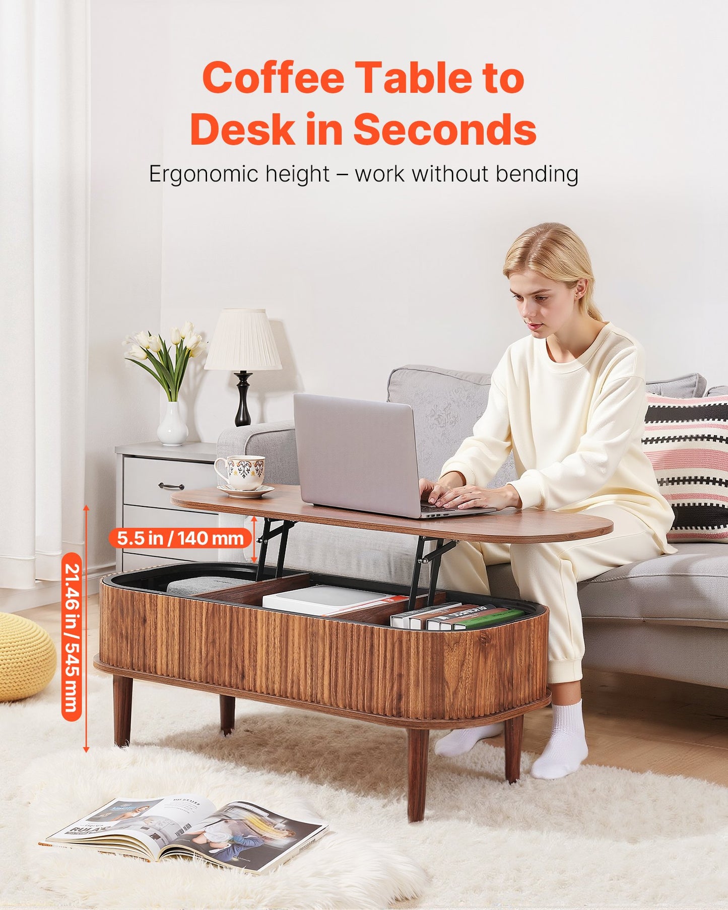 1000 mm Lift Top Coffee Table, Fluted Oval Coffee Table with 3 Hidden Compartment, Mid Century Wooden Oval Center Desk with Storage, Lift Up Tabletop for Home & Office, Easy Assembly, Walnut